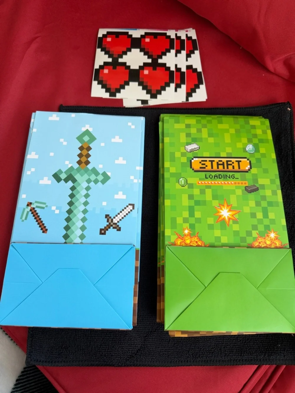 32 count Pixel Game-Themed Birthday Gift Bags with Heart Stickers - Blue & Green